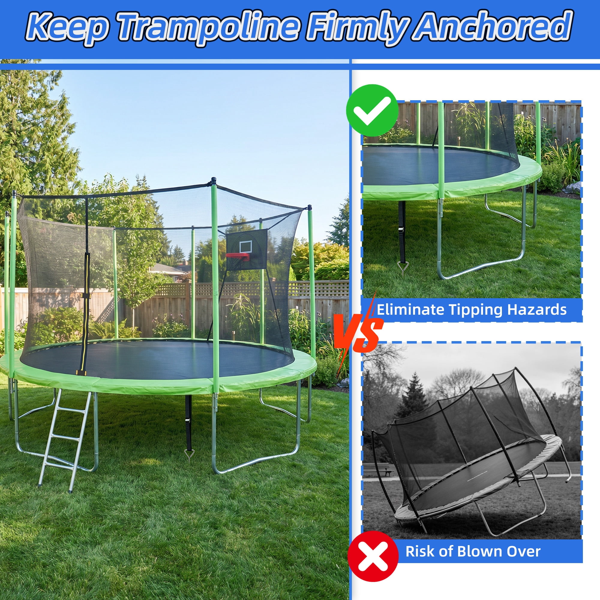 4 Pack Windproof Trampoline Stakes Anchor Kit-Steel Corkscrew Anchor, Heavy Duty Tie Down Kit with Reinforced Safety Straps, Secure Weatherproof Protection for Trampoline, Tent&Playset