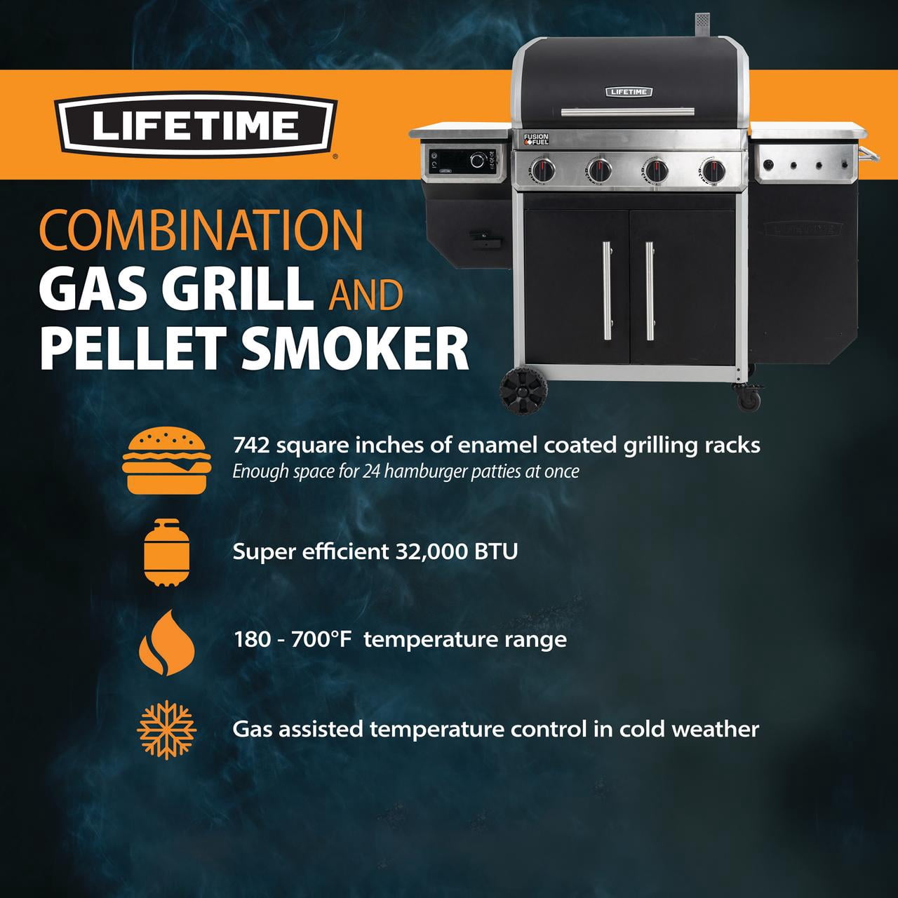 Lifetime 4 Burner Gas Grill and Wood Pellet Smoker Combo
