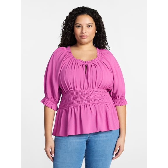 Terra & Sky Women’s Plus Smocked Waist Blouse, Sizes 0X-5X