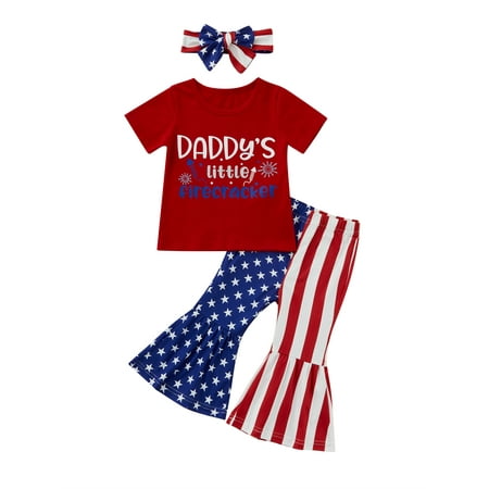 

TheFound Toddler Baby Girl 4th of July Clothes Short Sleeve T-Shirt+Flared Pants+Headband 3Pcs Summer Outfits