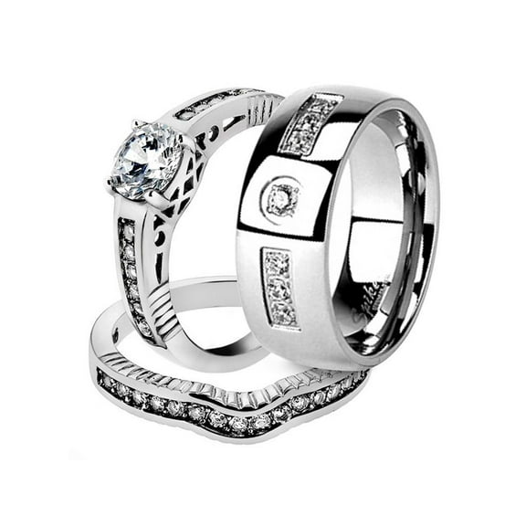 His and Her Stainless Steel 1.75 Ct Cz Bridal Ring Set and Men Zirconia Wedding Band Women's Size 10 Men's Size 12