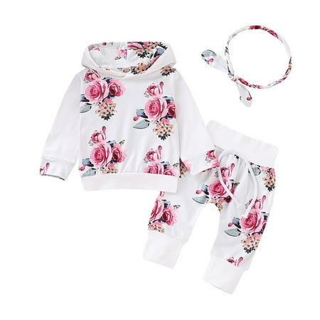 

QWERTYU Newborn Infant Toddler Baby Kids Children Child Floral Long Sleeve Outfits Pullover Hoodie and Pants Set Clothing Set with Headband for Girl 0-3Y
