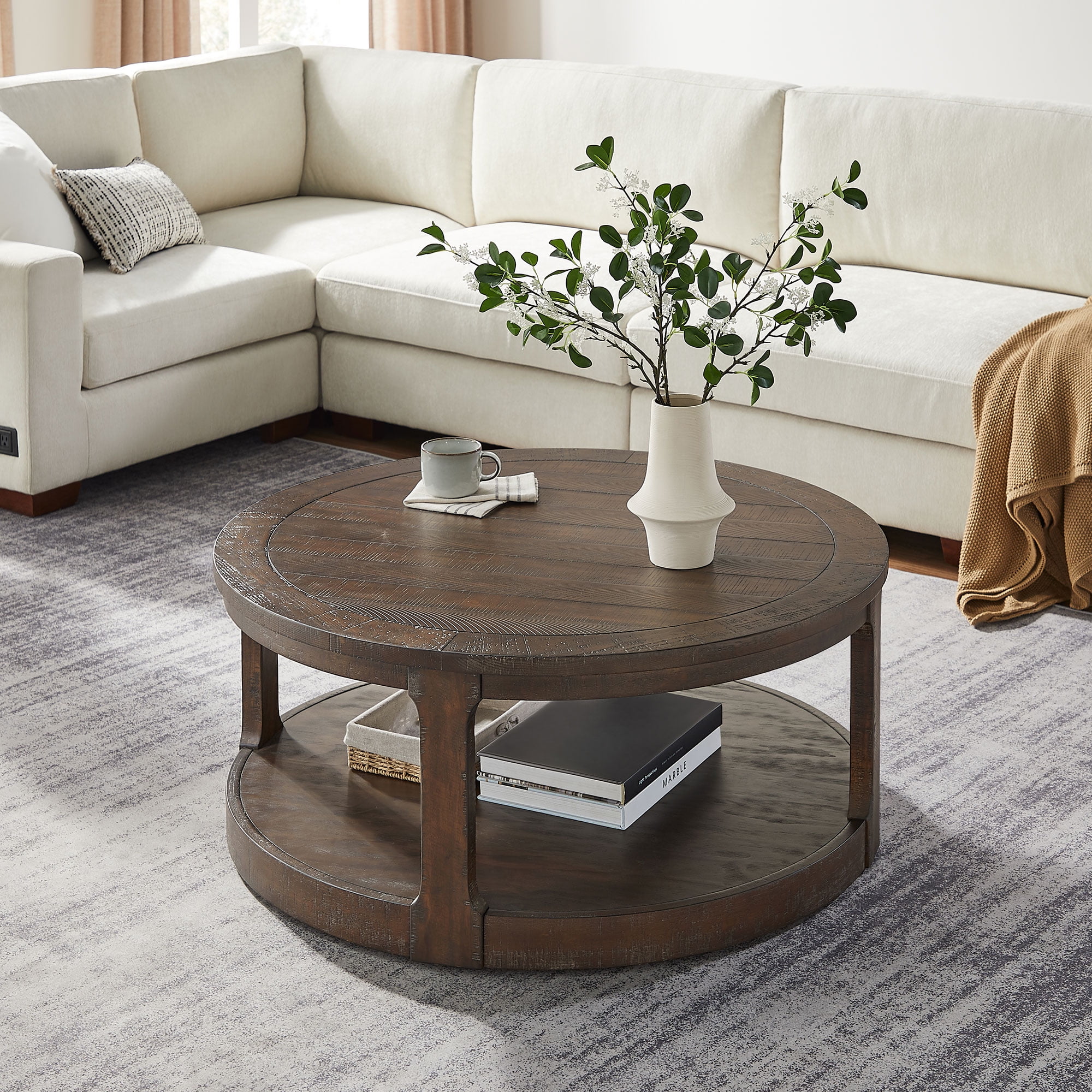 Kevinplus 40“ Mid Century 2 Tier Round Wooden Center Coffee Table with Wheels for living Room, Office, Apartment,Brown