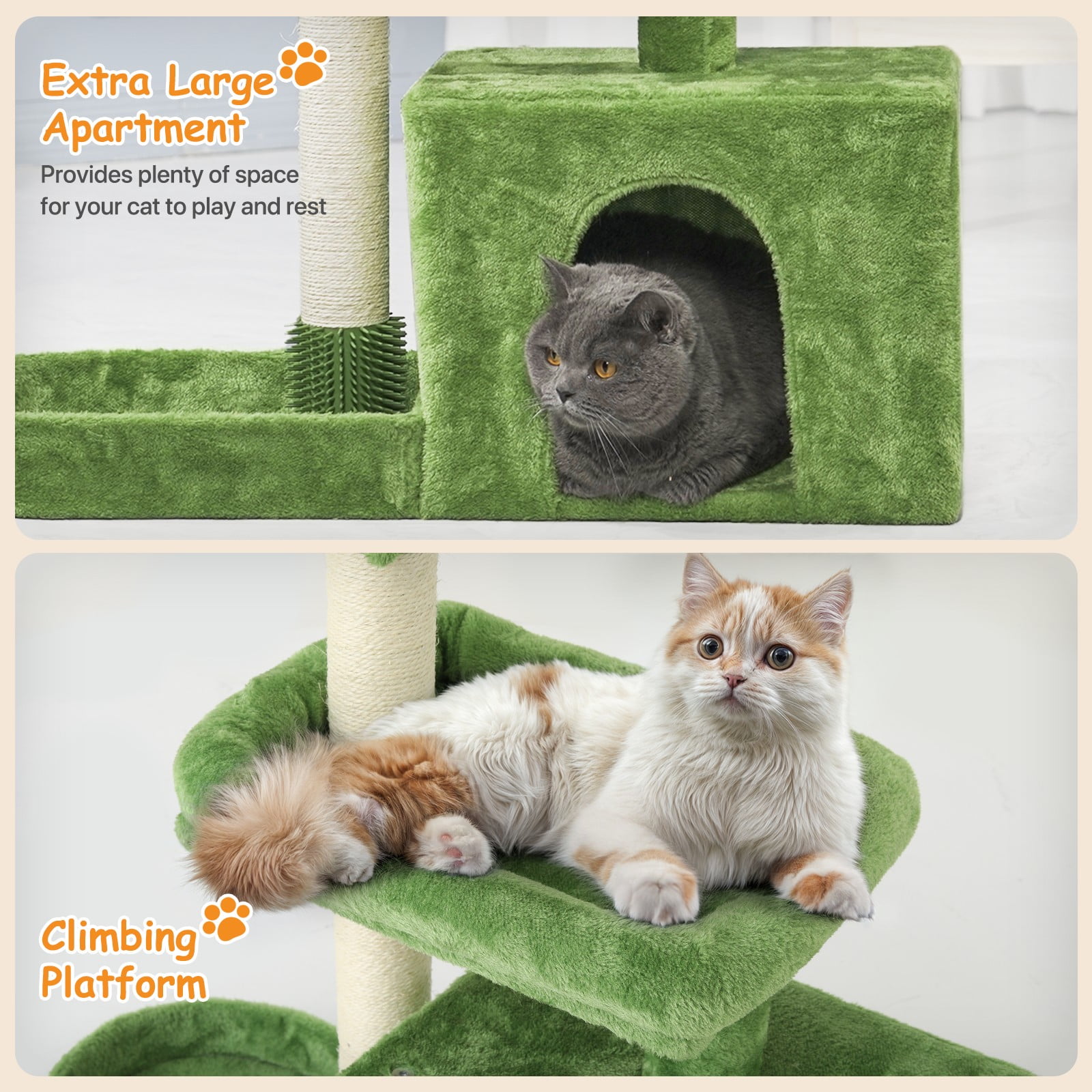 OSM 32 Inch Cat Tree for Kittens and Senior Cats, Low-Profile Cat Tower with Scratching Posts, Cozy Condo, Perch & Hanging Toys, Leaf-Themed Space-Saving Cat House, Green