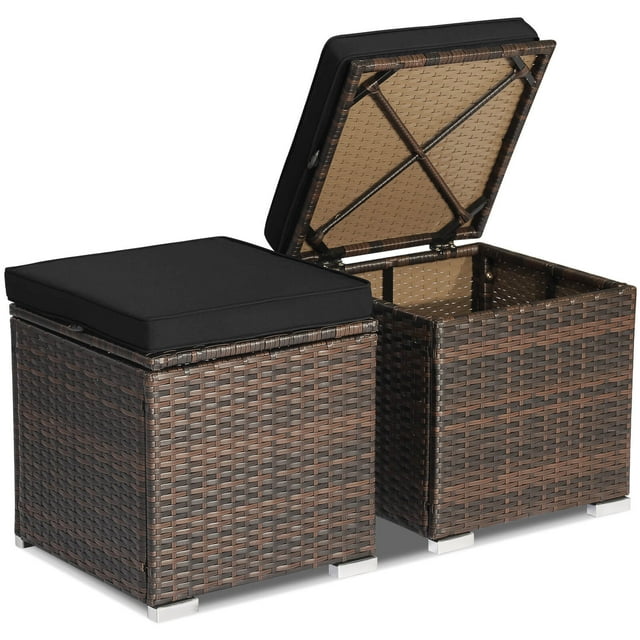 Costway 2PCS Patio Rattan Ottomans Seat Side Table Storage Box Footstool with Cushion Black