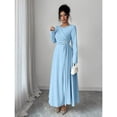 thumbnail image 3 of Blue Elegant Long-Sleeved Round-Neck A-Line Dress With Pearl Embellishments And Fitted Waist, 3 of 8