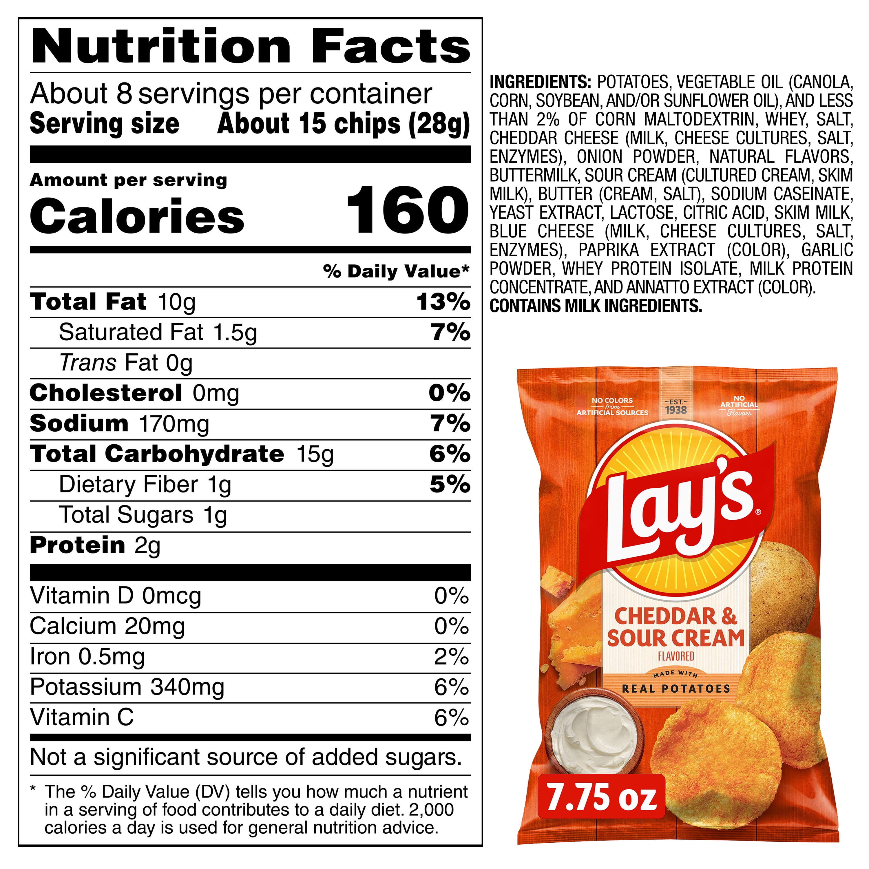 Lay's Potato Chips, Cheddar & Sour Cream, 7.75 oz Bag