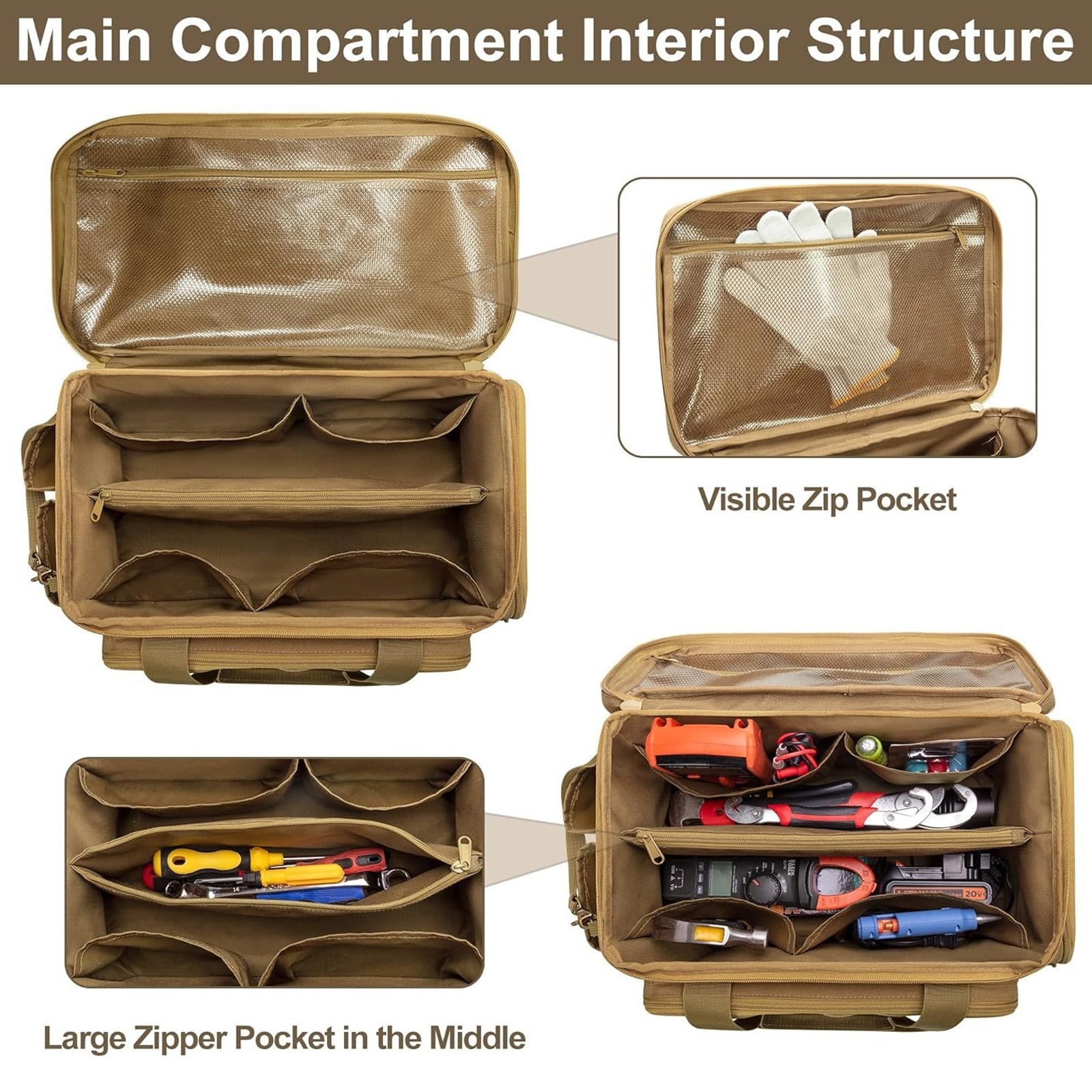 Padded Handle Tool Carry Bag With Wide Opening And Two Way Zippered Access Work Organiser with Elastic Bands