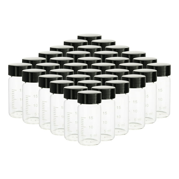 20ml Transparent Small Glass Vials with Scale Black Screwcap Liquid Sampling Sample Glass Bottles for Chemistry Lab Chemicals, Pack of 36