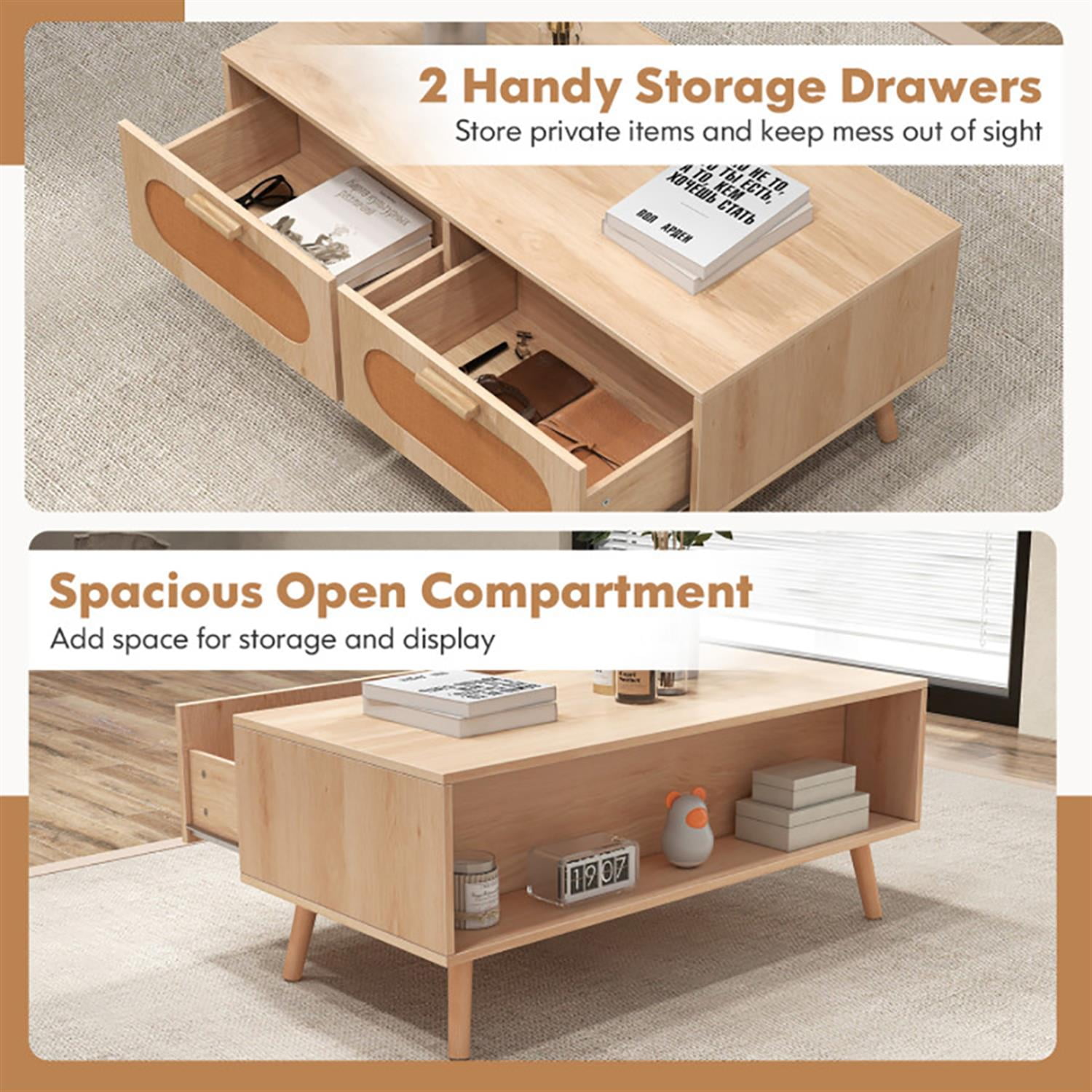 Demi Bonn Modern Rattan Coffee Table, Dining Center Tables with 2 Storage Drawers for Living Room, Bedroom, Office and Balcony, Beige