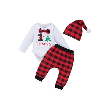 

ZIYIXIN Newborn Baby Boys Girls My 1st Christmas Clothes Letter Print Romper Tops Plaids Pants Hat Set Xmas Outfits White 0-6 Months