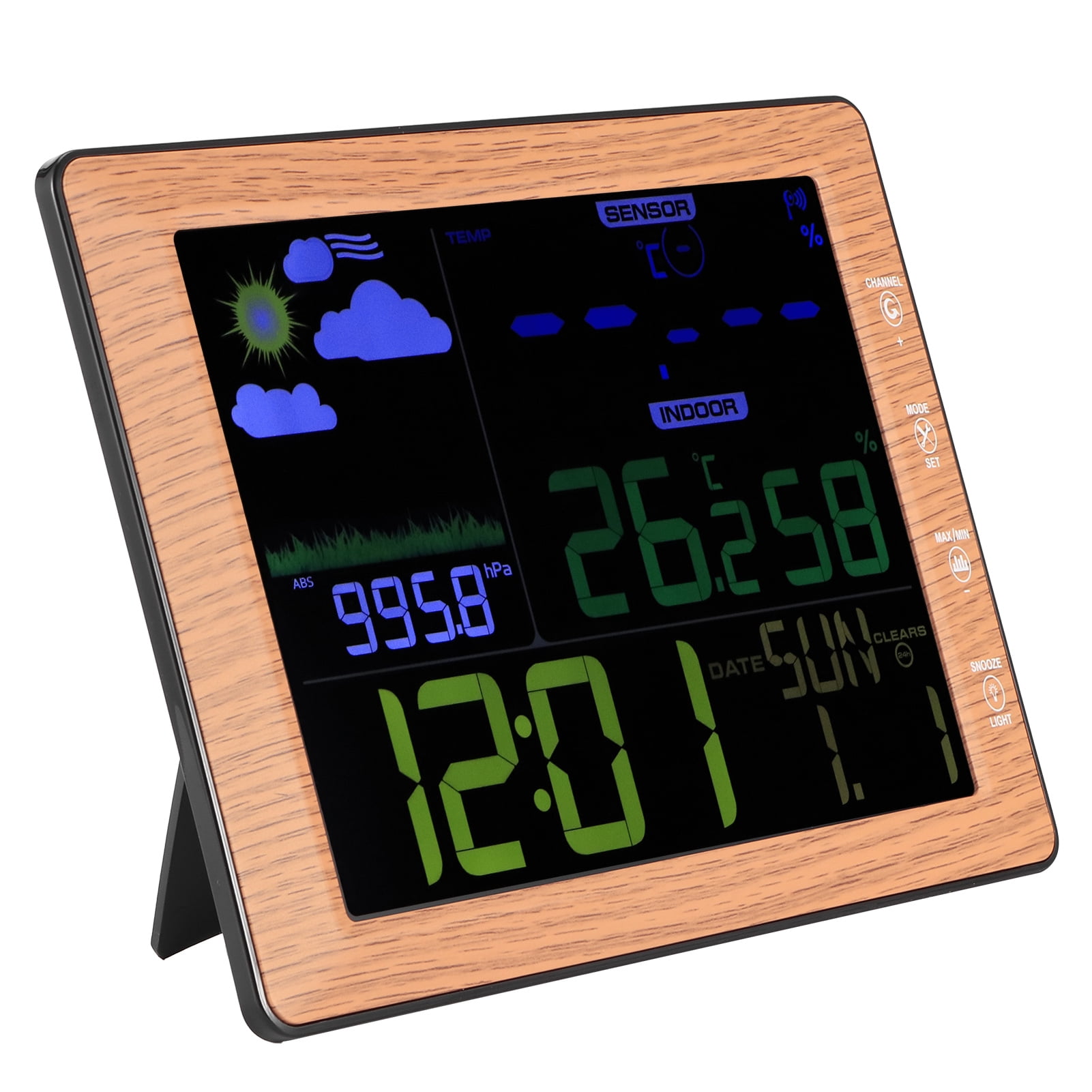BIMZUC Wireless Weather Forecast Station Color Screen Alarm Clock Wood Color Digital Thermometer Hygrometer Indoor Outdoor Sensor, 8.5x6.3x0.8 inches / 21.5x16x2 cm