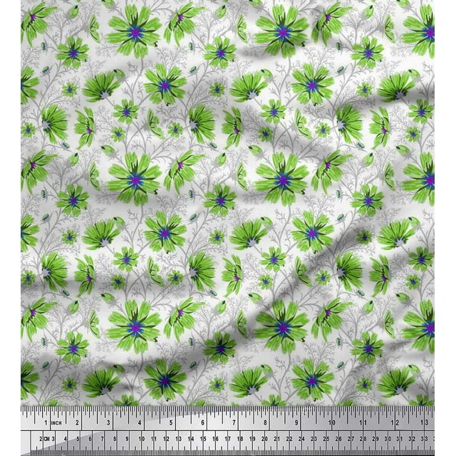 Soimoi Poly Georgette Fabric Leaves & Cosmos Floral Print Sewing Fabric Yard 42 Inch Wide