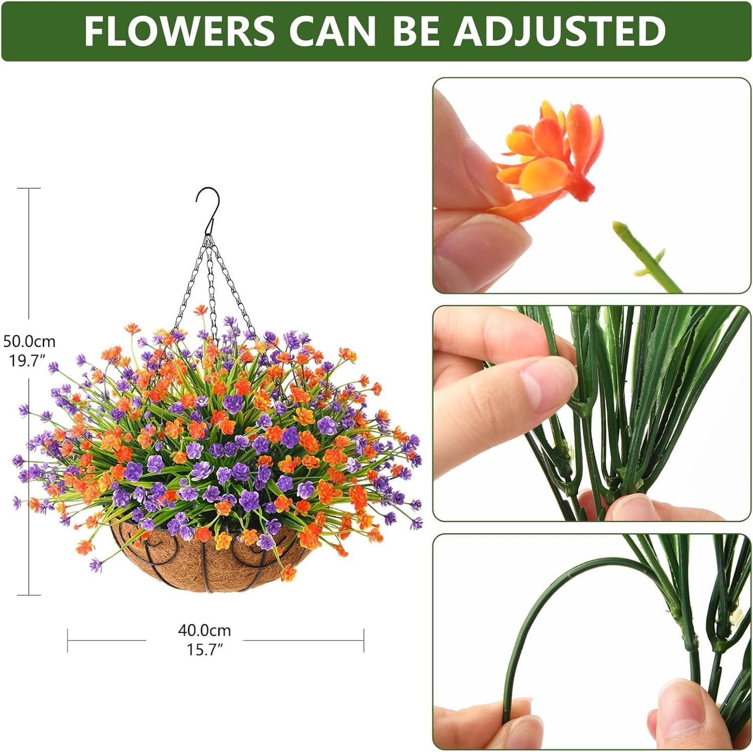 Artificial Hanging Flowers in Basket for Patio Garden Outdoor Decoration,Artificial Daisy Arrangement,Fake Plants in 12 inch Coconut Lining Basket for Outside Spring Decor(Purple Red)