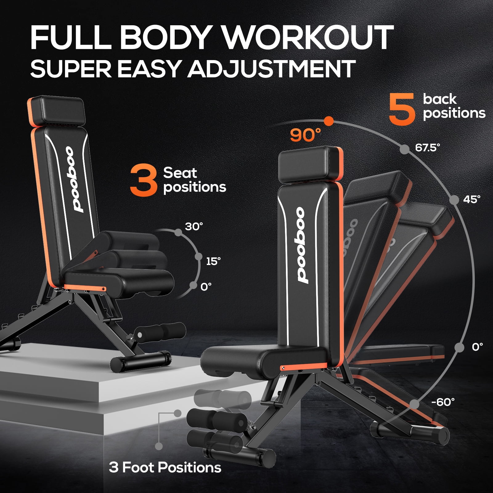 Pooboo Sturdy Foldable Weight Bench Adjustable Incline Strength Training Bench for Full Body Workout Home Gym 800lbs