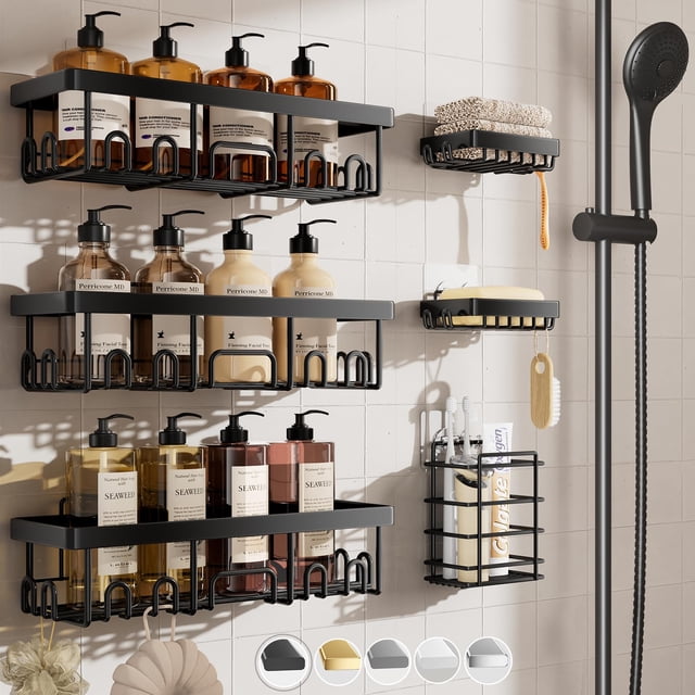 Veken Organizador de ducha de acero inoxidable, paquete de 6, estantes adhesivos inoxidables con soporte para jabón, organizadores y almacenamiento de baño de gran capacidad, sin perforación, decoraci