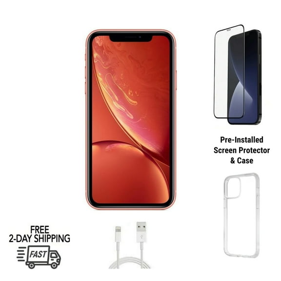 Restored Apple iPhone XR Unlocked 128GB Coral (A1984) Bundle, Clear Case, Tempered Glass Screen Protector (Refurbished)