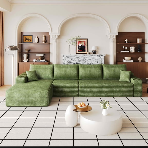 MAYEERTY 135-Inch Green Plush Corduroy 4-Seat L-Shaped Cloud Modular Sectional Sofa, Deep Seat Couch with Chaise No Assembly Required