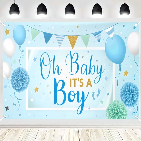 Oh Baby It's A Boy Backdrop, Blue Balloon and Star Photography Background, Baby Shower Party Banner for Boy Gender Reveal, Photo Booth Decor 16x24in