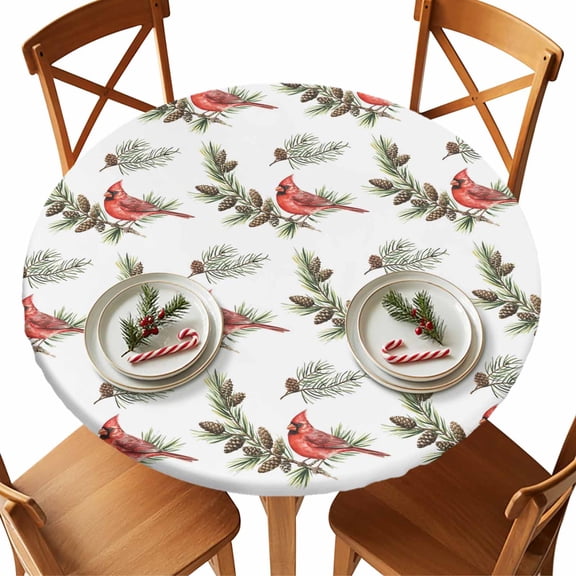 Christmas Round Tablecloth Cardinal Bird Pine Cones Tablecloths with Elastic Edge Fitted Holly Leaves Table Cover,Waterproof Oil Proof for Dinner,Outdoor, Picnic, Party Fits 36"- 44" Diameter
