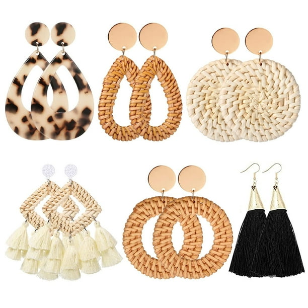 6Pairs Fashion Trendy Jewelry Acrylic Tassel Rattan Statement Earrings ...