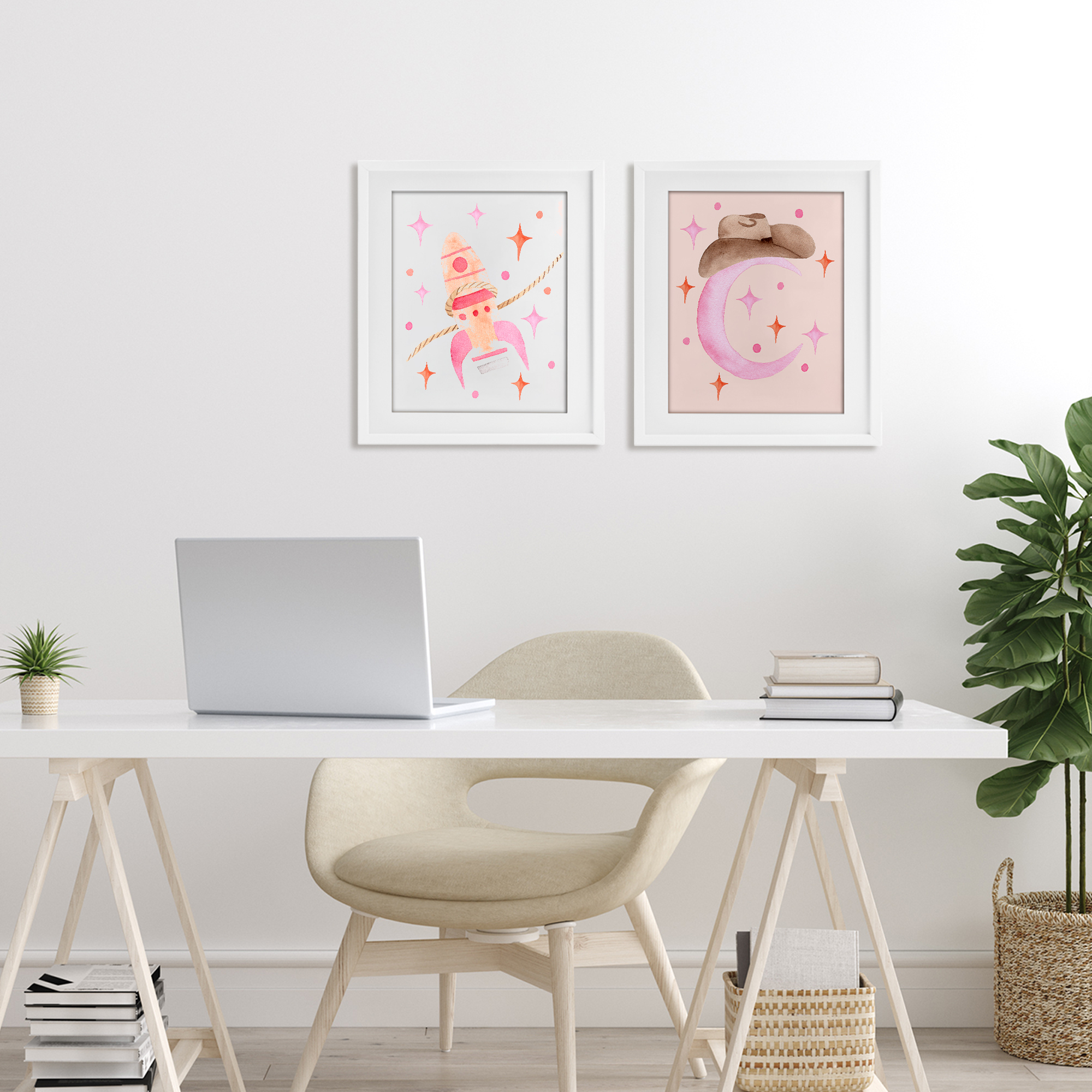 Space Cowgirl Rocket Ship 2 Piece White Framed Print Under Glass Set, design by Nina Jacobs