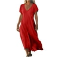 thumbnail image 3 of QLEICOM Summer Dresses for Women 2025, Plus Size Boho Maxi Dresses, V-neck Short Sleeve Cotton Linen Dress, Long Beach Sundress Travel Vacation Outfits (S-5XL), 3 of 6