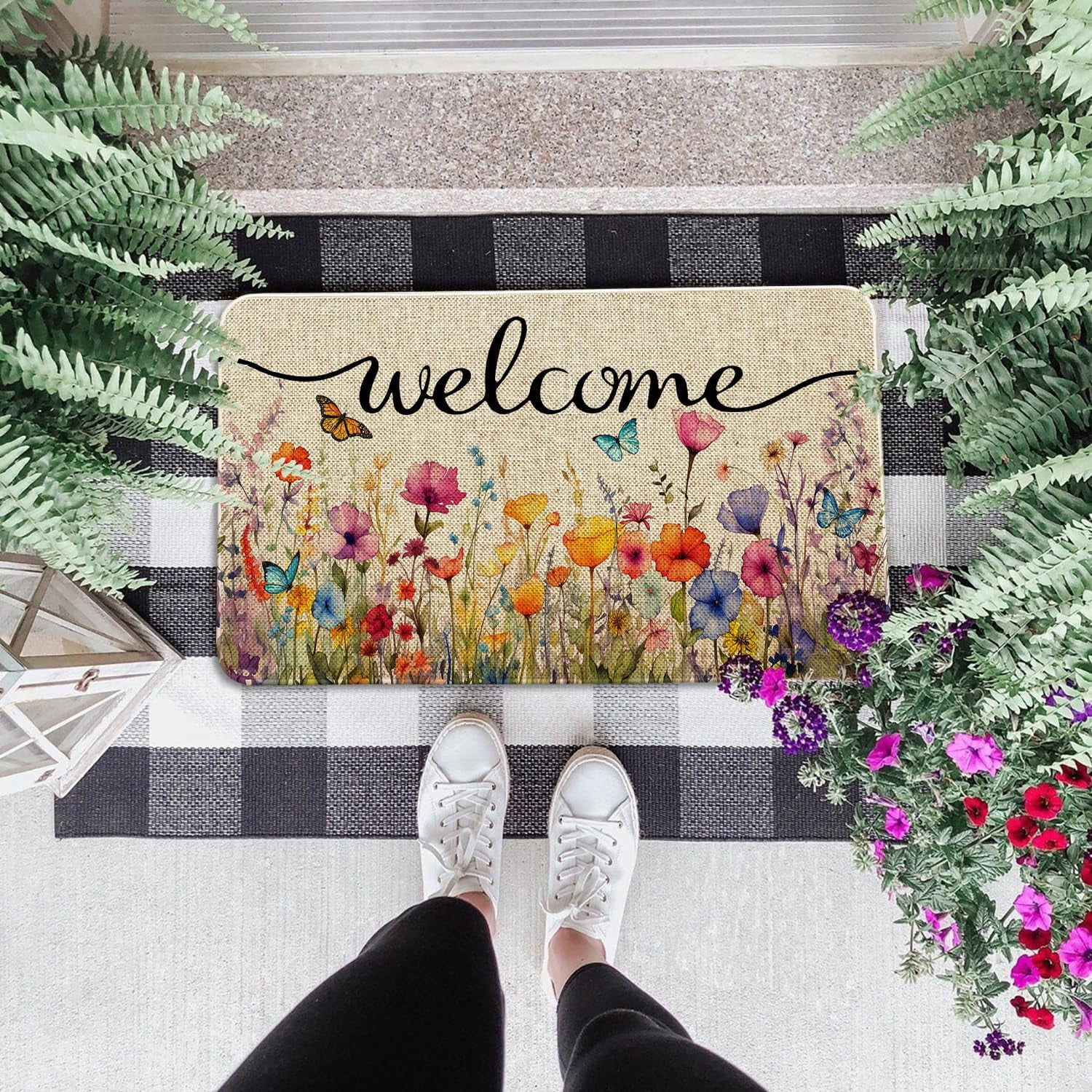 Spring Summer Front Door Mat Floral Doormat Colorful Flower Decor Non-Slip Outdoor Welcome Mat for Garden, Yard, Patio, Porch, Home Decorations 17"x30"
