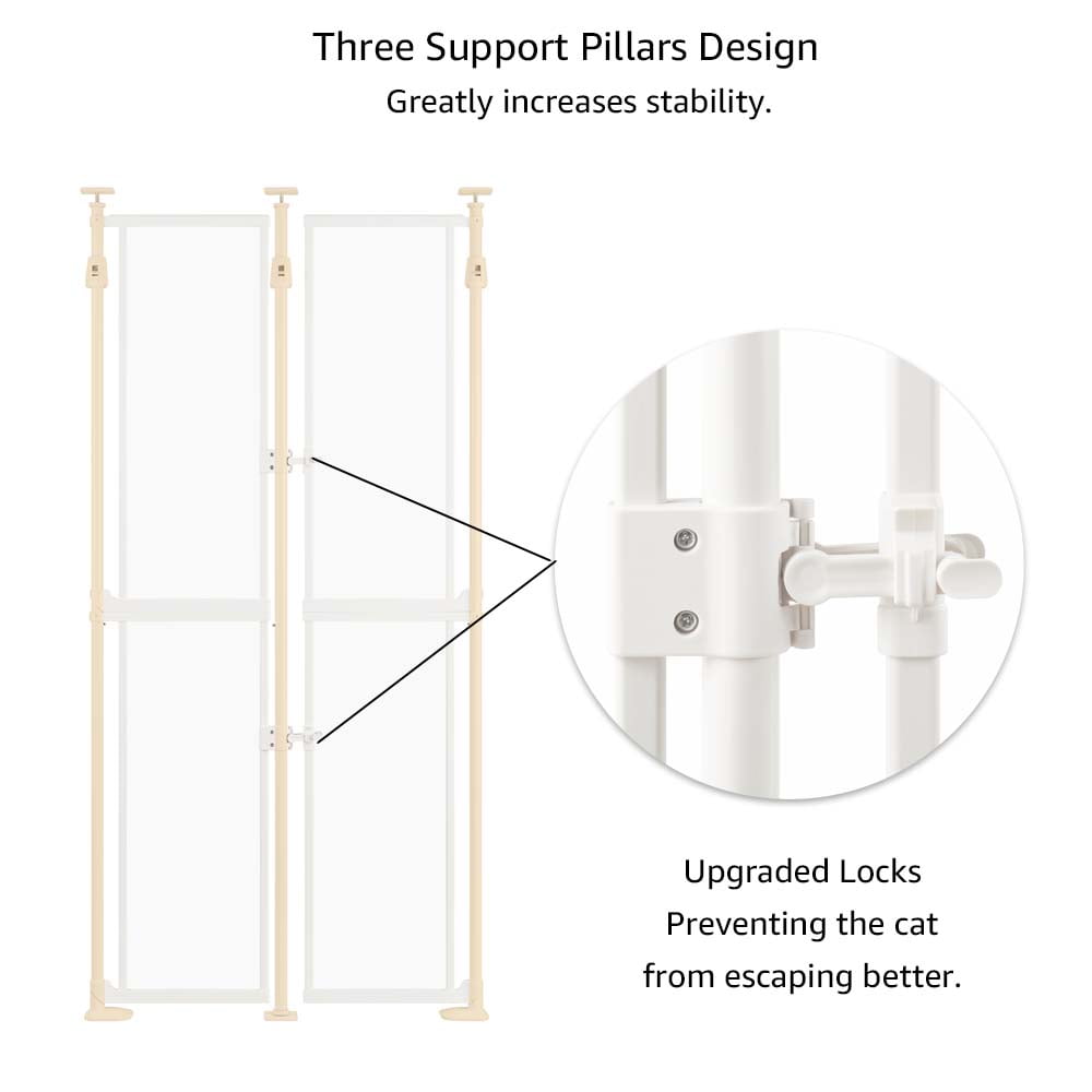 unipaws Clear Acrylic Cat Safety Gate, 75"-98" Height and 36.2"-37" Wdie Adjustable, Auto Closing and No Drilling Plus Stable 3 Support Pillars, White