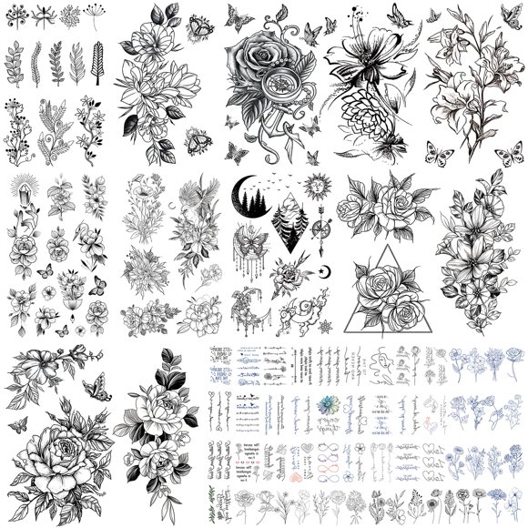 VERKSTAD Tatuajes temporales negros para mujeres, tatuajes falsos de flores y mariposas impermeables para niñas, kits de tatuajes con símbolos de escritura de letras florales, arte corporal para fiest