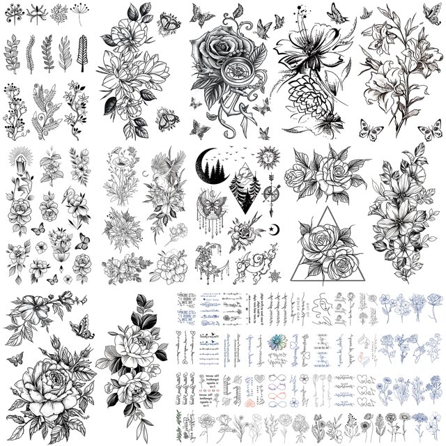 VERKSTAD Tatuajes temporales negros para mujeres, tatuajes falsos de flores y mariposas impermeables para niñas, kits de tatuajes con símbolos de escritura de letras florales, arte corporal para fiest