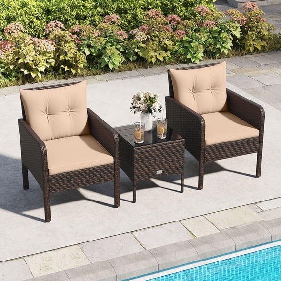 Gymax Set of 3 Outdoor Patio PE Wicker Furniture Set w/Cushions & Tempered Glass Coffee Table Beige