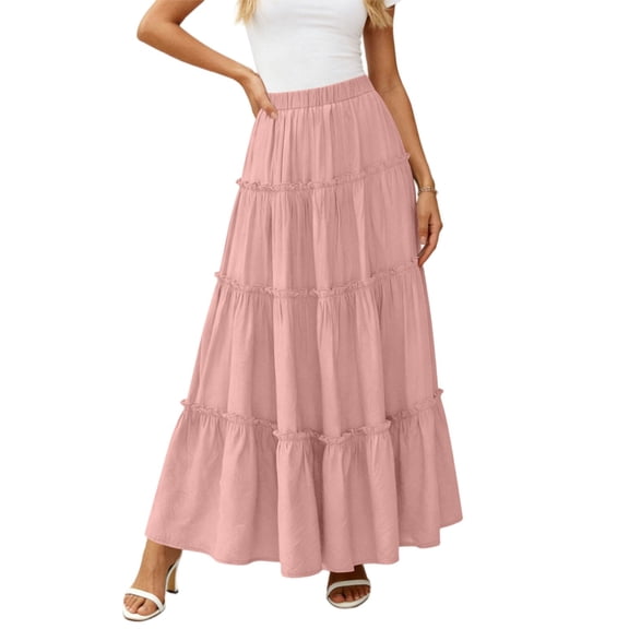 Busydd Maxi Skirts for Women Casual Solid Color Elastic Waist Long Skirts Fashion Vacation Tiered Pleated Flowy Skirt S