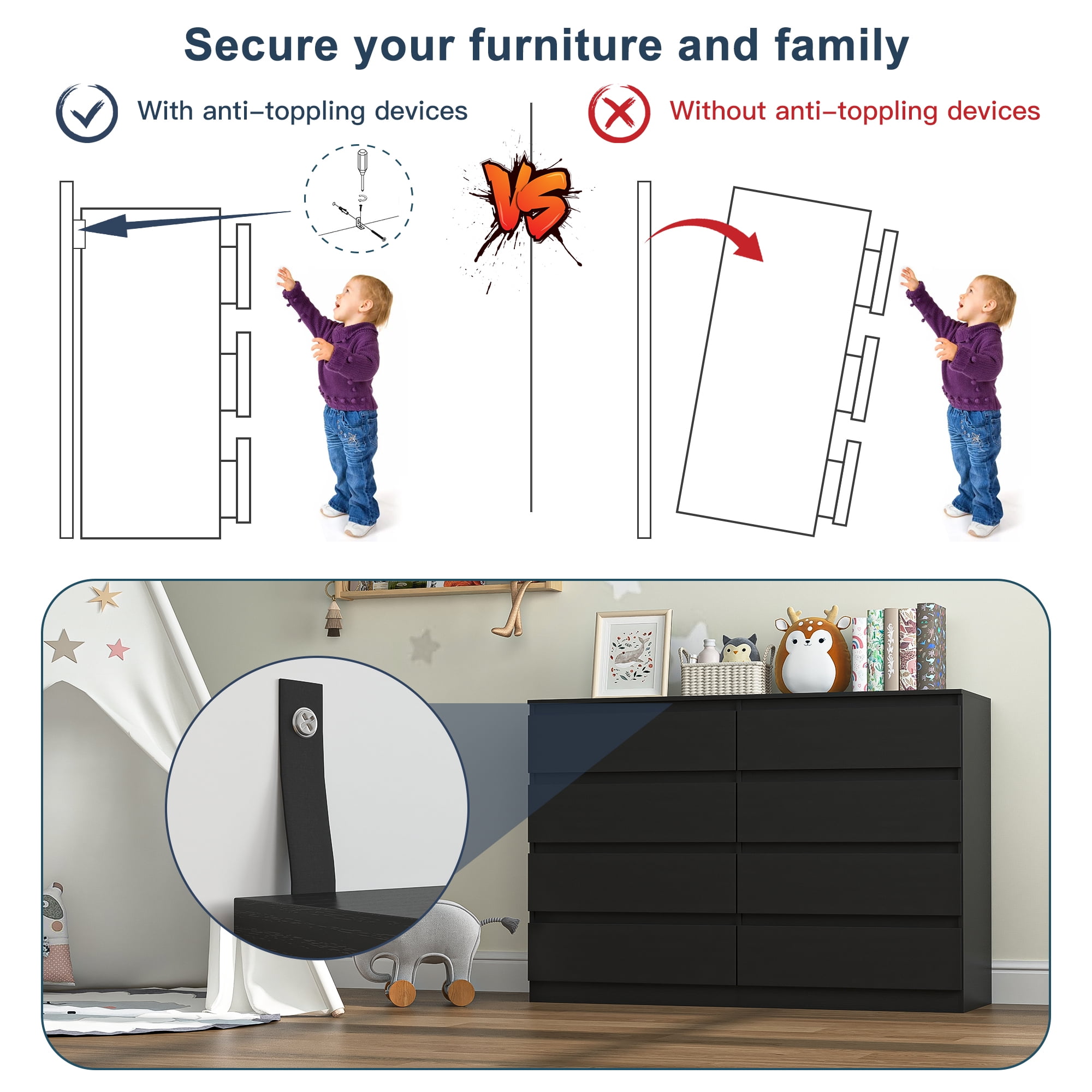 Finihen 8 Drawer Double Dresser, Modern 8 Chest of Drawers with Deep Drawers, Wide Storage Organizer Cabinet for Living Room, Kids, Black Finihen 8 Drawer Double Dresser, Modern 8 Chest of Drawers with Deep Drawers, Wide Storage Organizer Cabinet for Living Room, Kids, Black