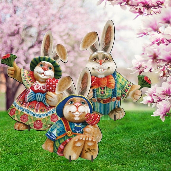 G.DeBrekht 8154420F-S3 3 Piece Easter Bunny Family Wooden Free Standing Garden Decor Lawn Decor Set