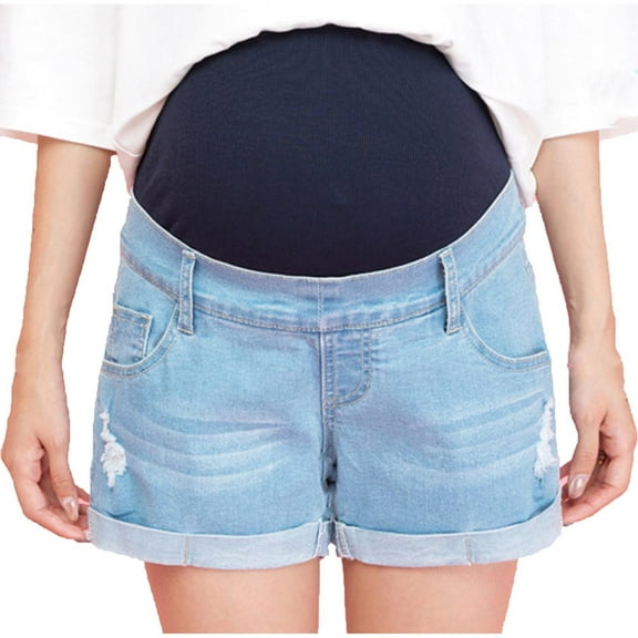 Women's Maternity Jean Shorts Underbelly Ripped Mid-Rise Denim Shorts Summer Casual Loose Short Pants with Pants