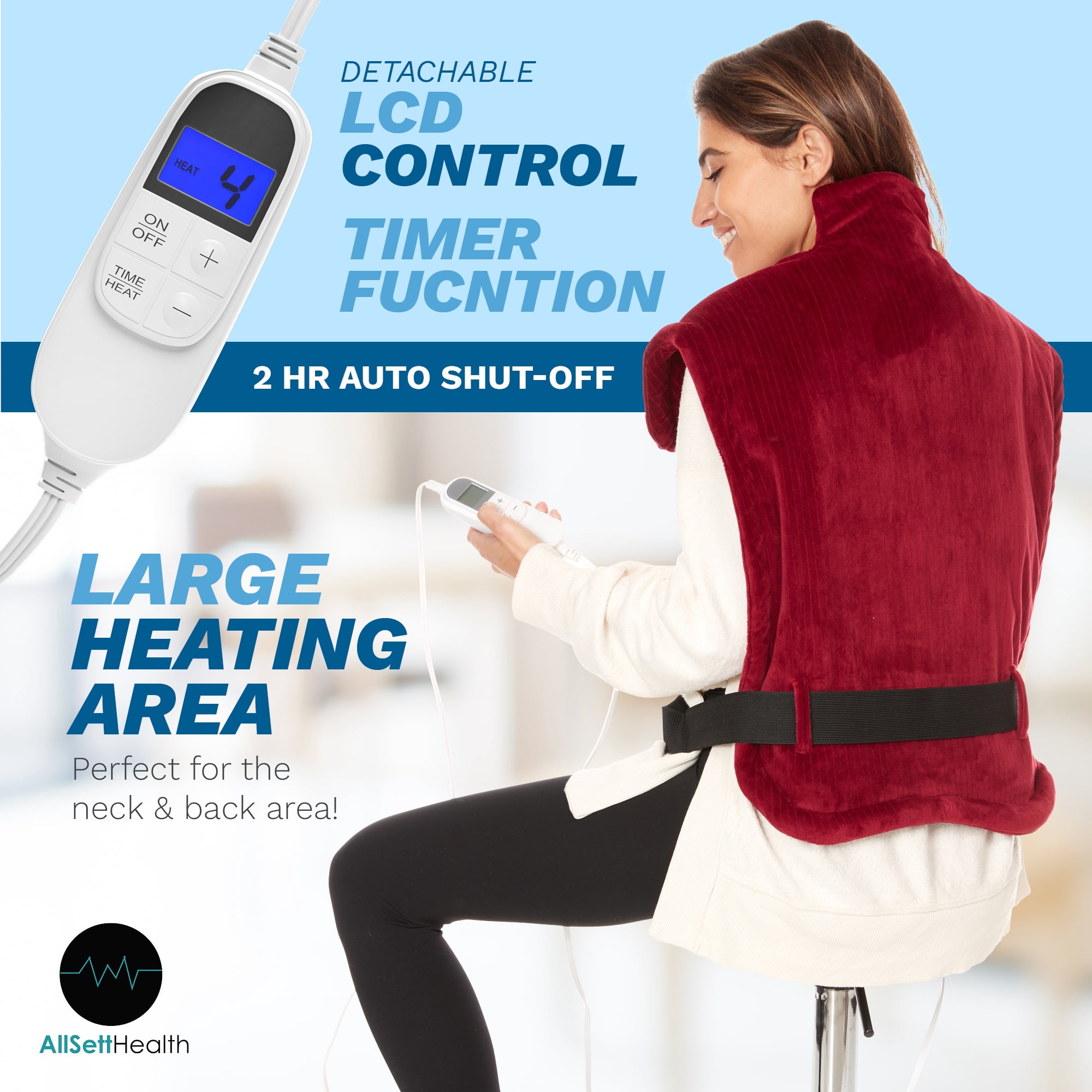 AllSettHealth Heating Pad for Neck Shoulders and Back Pain - 10 Temperature Settings for Heat Therapy with Auto Shut-Off - Detachable Led Controller - Plush Red Fabric with Weighted Beads- 35x27”