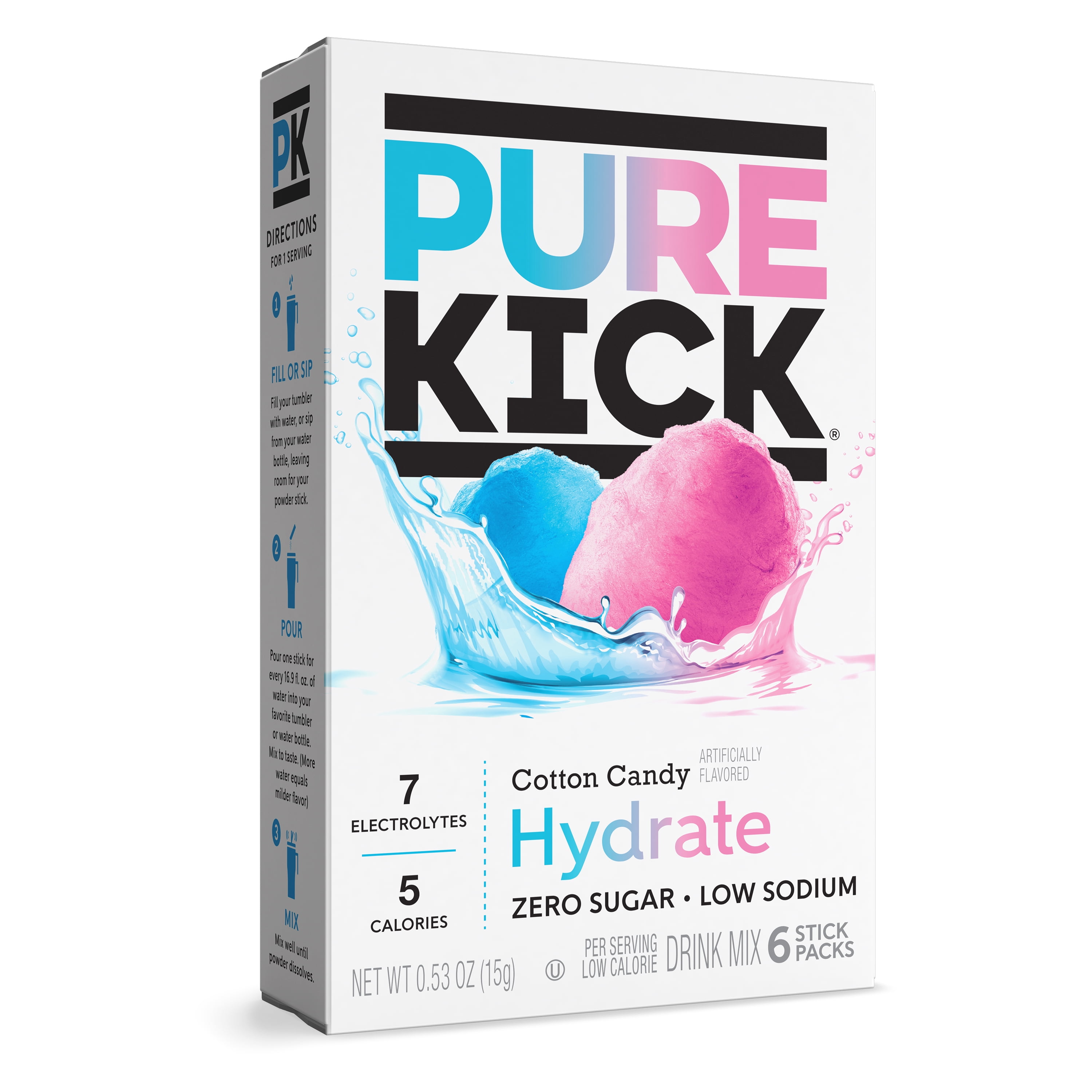 (6 pack) Pure Kick Cotton Candy, Hydration Electrolyte Powdered Drink Mix, 6 Count Packets
