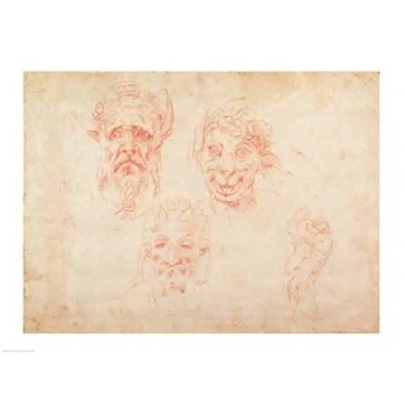 Posterazzi W.33 Sketches of Satyrs Faces Poster Print by Michelangelo Buonarroti - 24 x 18 in.