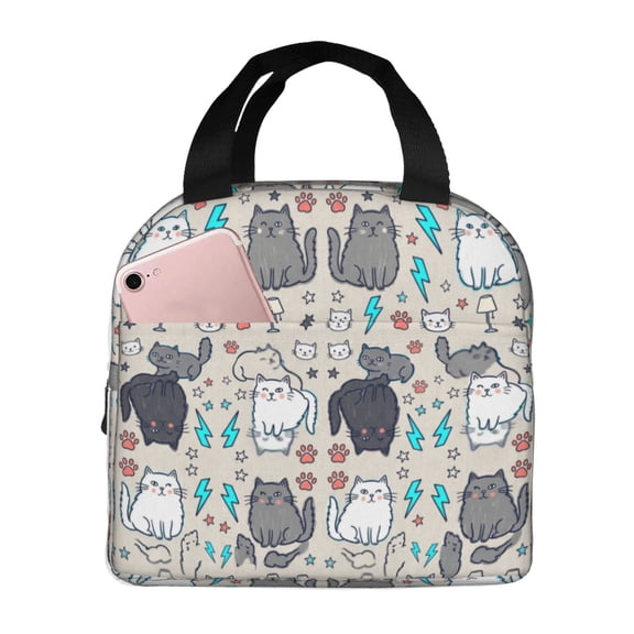 Cute Cat Lunch Bag With Cats Reusable Lunch Box Front Pocket Zipper Closure Leakproof Insulated Cooler Tote Bag Food Container Cartoon LunchBox For Men Women Work Travel Picnic