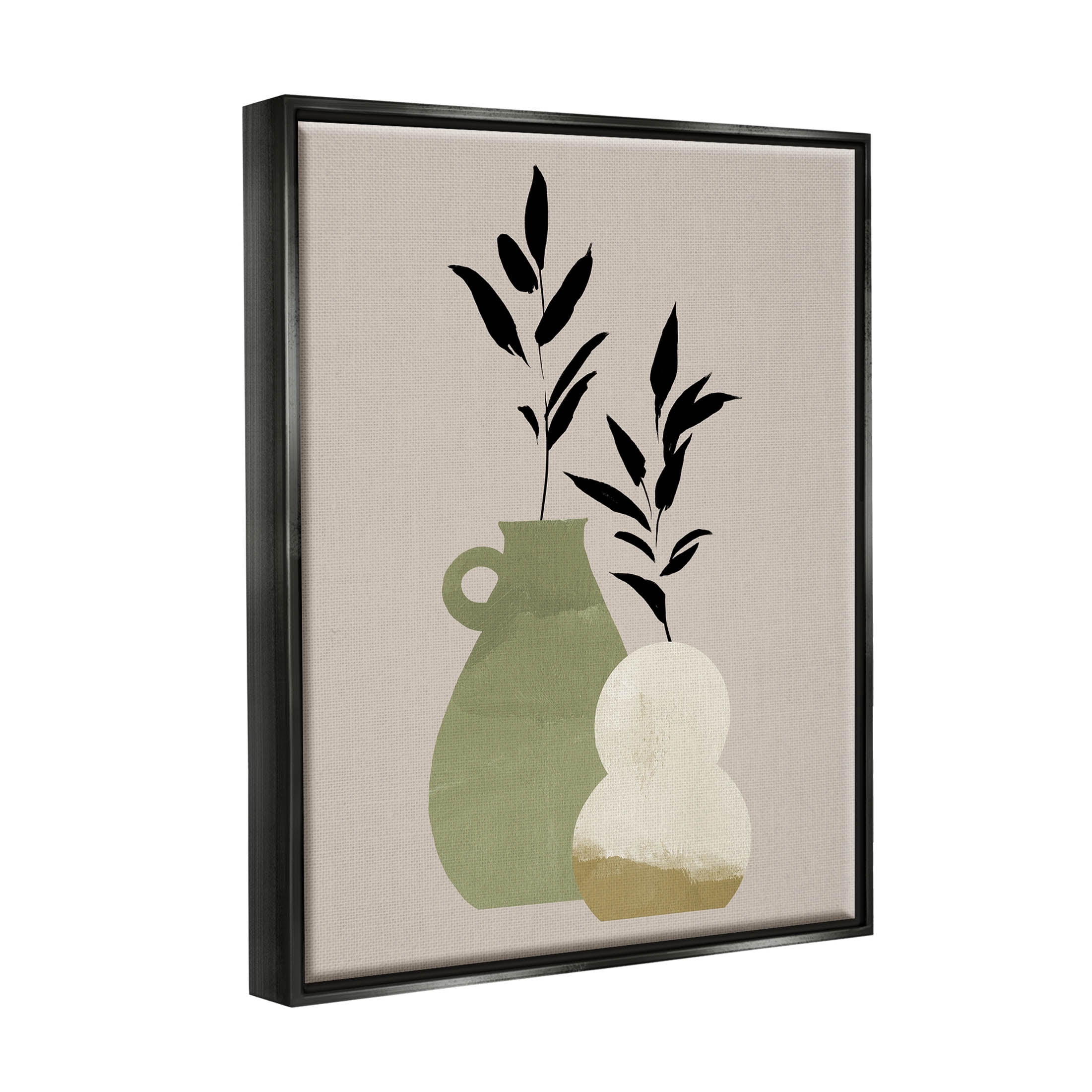 Stupell Industries Modern Plant Vase Leaves Graphic Art Jet Black Floating Framed Canvas Print Wall Art, Design by Jacob Green