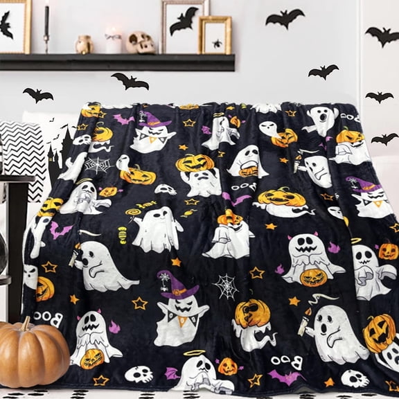 Halloween Flannel Throw Blanket, Ghost Pumpkin Pattern Blanket for Sofa Holiday Decor