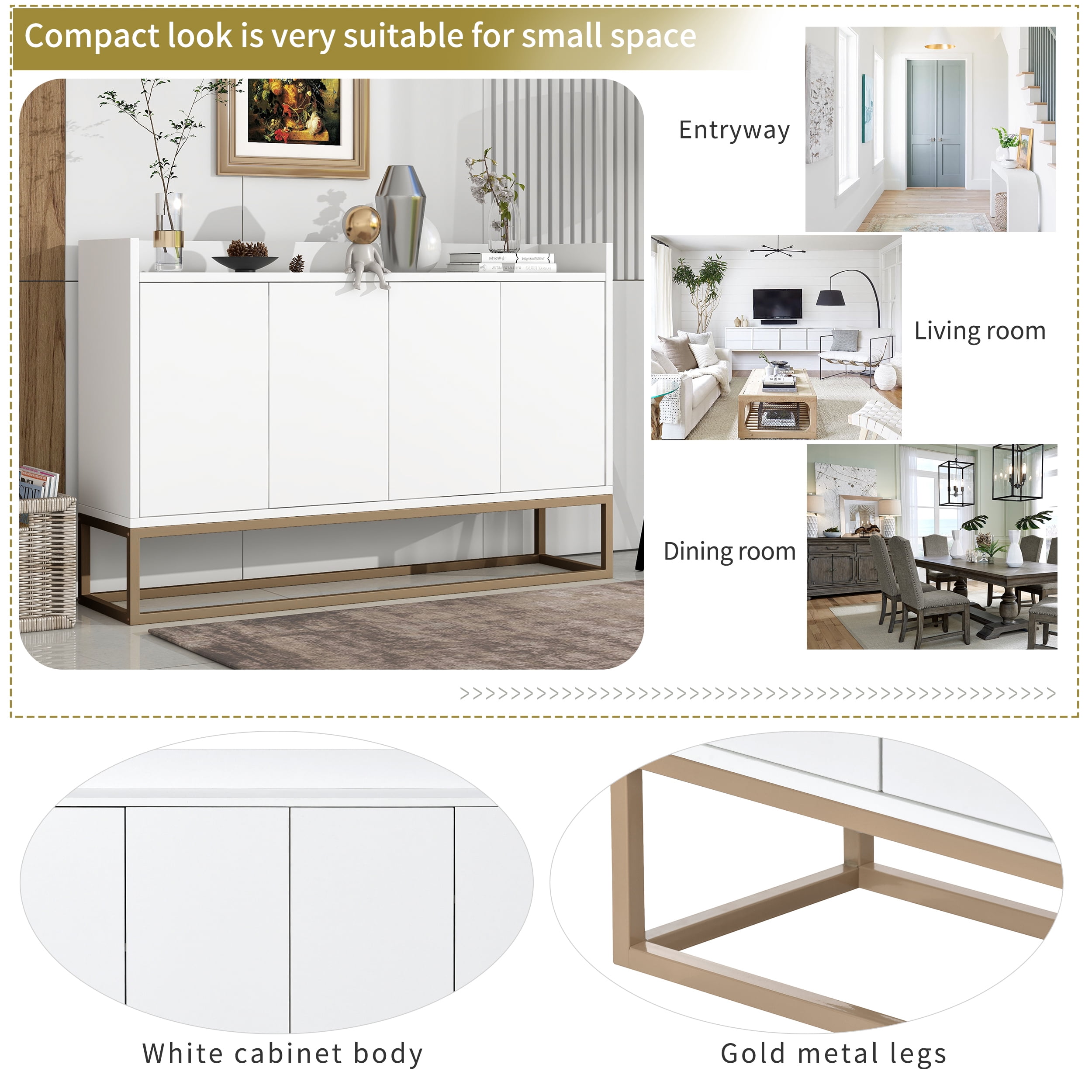 EUROCO 47.2'' Modern Sideboard Storage Buffet Cabinet, Particle Board Buffet Cabinet with 4 Doors, Adjustable Shelves and Gold Metal Legs for Dining Room, Entryway, White