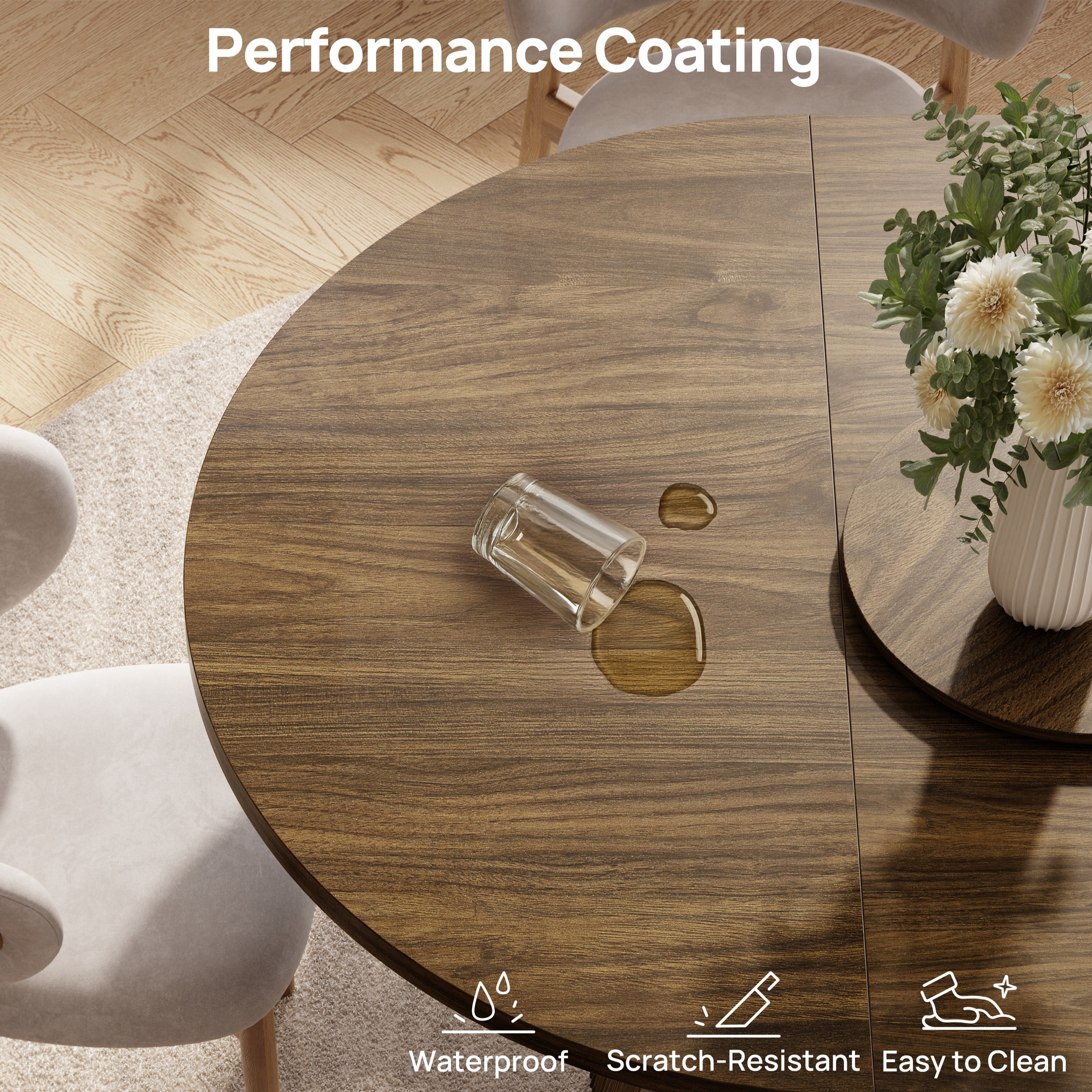 CHIC HOUSE 59" Extendable Round Dining Table for 4 to 6 with Storage Shelf, Farmhouse Fluted Kitchen Table with Sliding Doors for Dining Room, Small Spaces, Walnut
