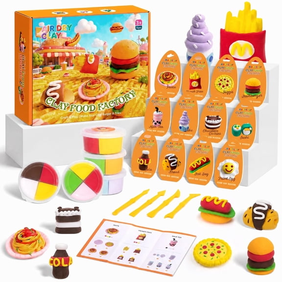 HiberyHom Air Dry Clay for Kids, 12 Fast Food Magic Clay with Tutorials Sculpting Tools, Soft & Ultra Light, Creative Arts and Crafts Kit for Girls Boys