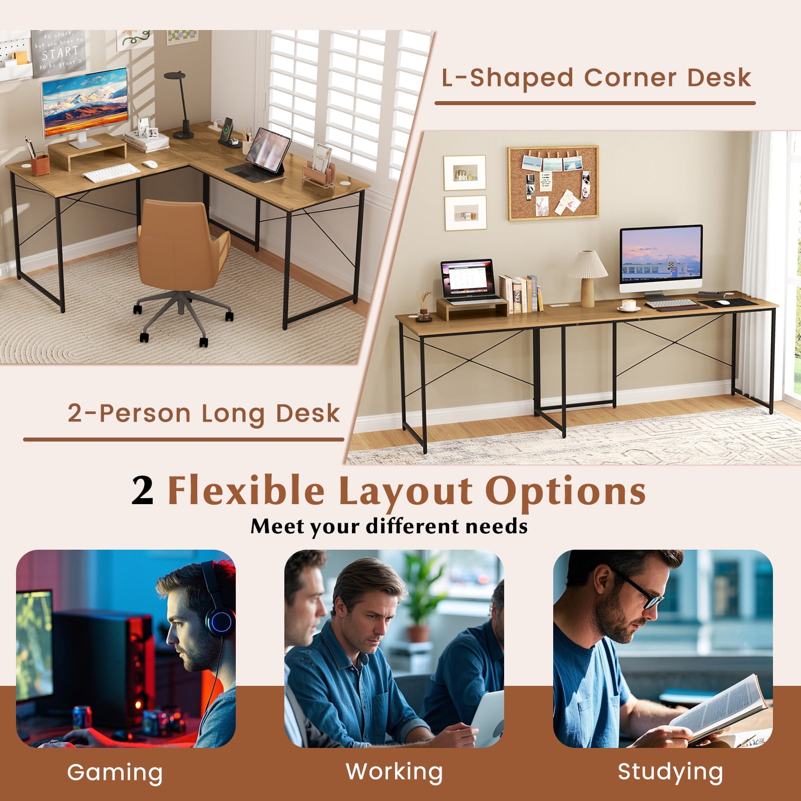 Giantex 95 Inch Reversible Corner Desk, L-Shaped Computer Desk w/Monitor Stand & 3 Cable Holes, 2-Person Long Study Writing Desk for ome Office, Natural