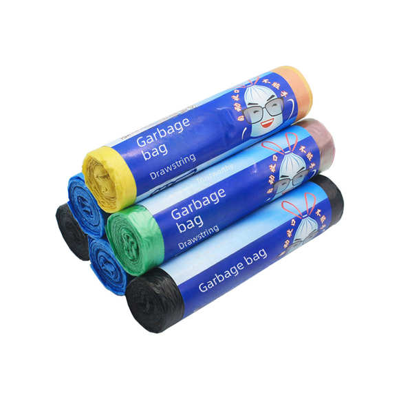 Bolsa de basura con cordón de embalaje de un solo rollo, cierre automático para el hogar, bolsa de basura de color con punto de interrupción desechable para manos no sucias