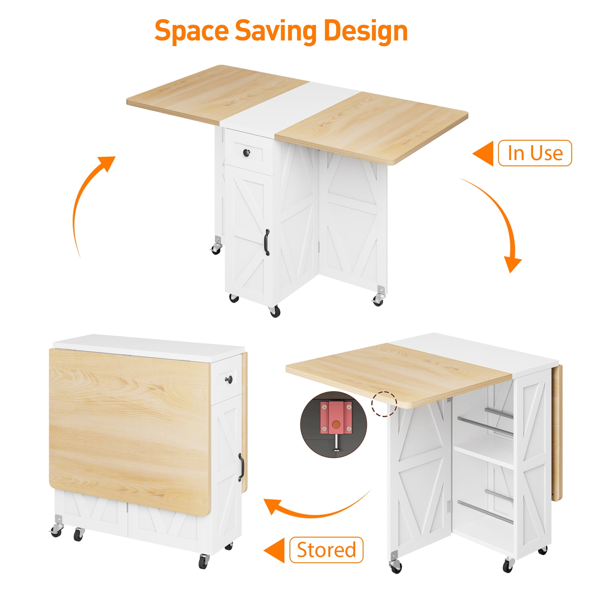 Cocosity Space Saving Versatile Folding Kitchen Dining Table with Wheels & Storage Shelf for Small Apartment