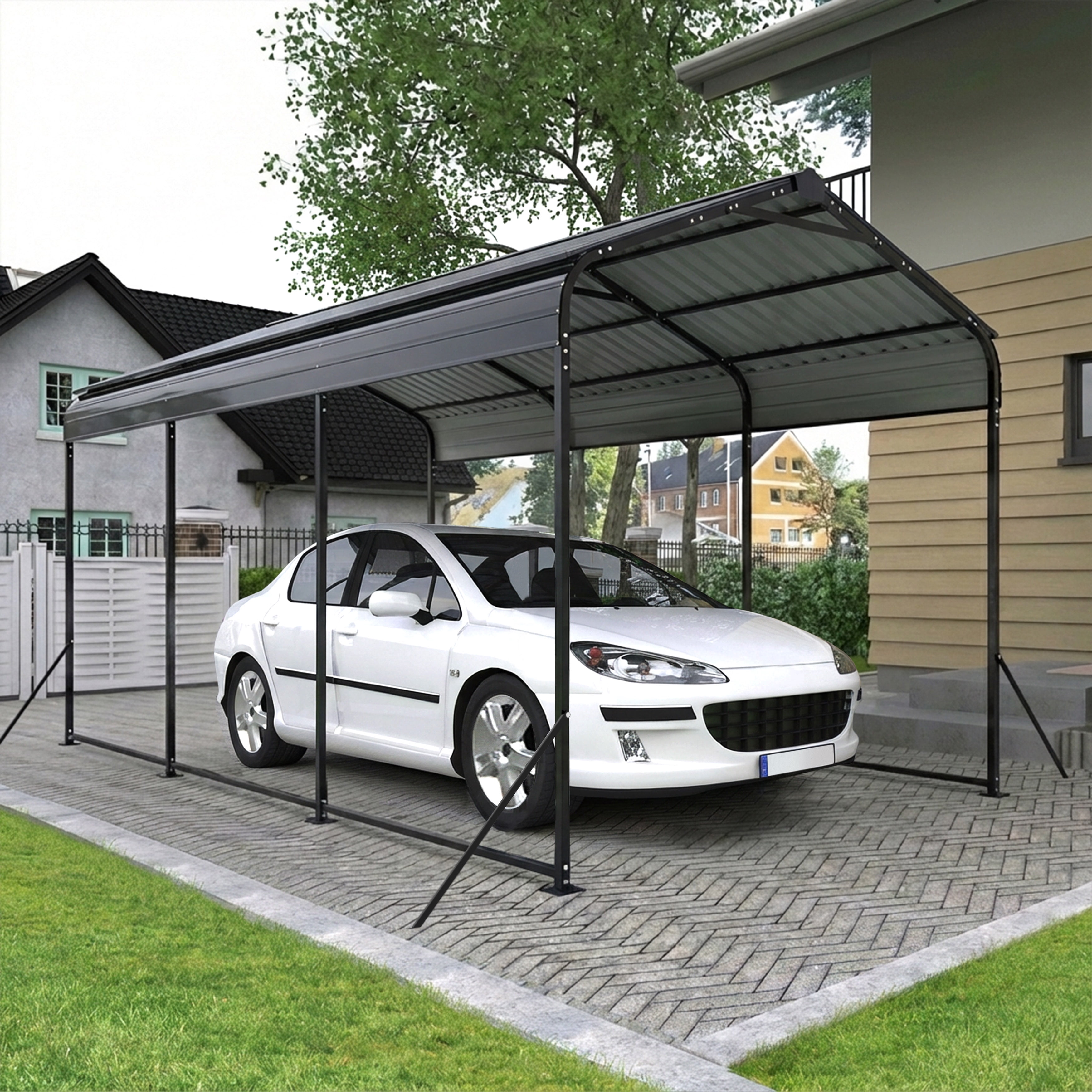 Nuu Garden Steel Carport 15 x 10 FT with Windproof Ground Anchors and Reinforced Frame, All-Weather Multi-Use Outdoor Shelter Outdoor Garage Car Port, Dark Gray and Black