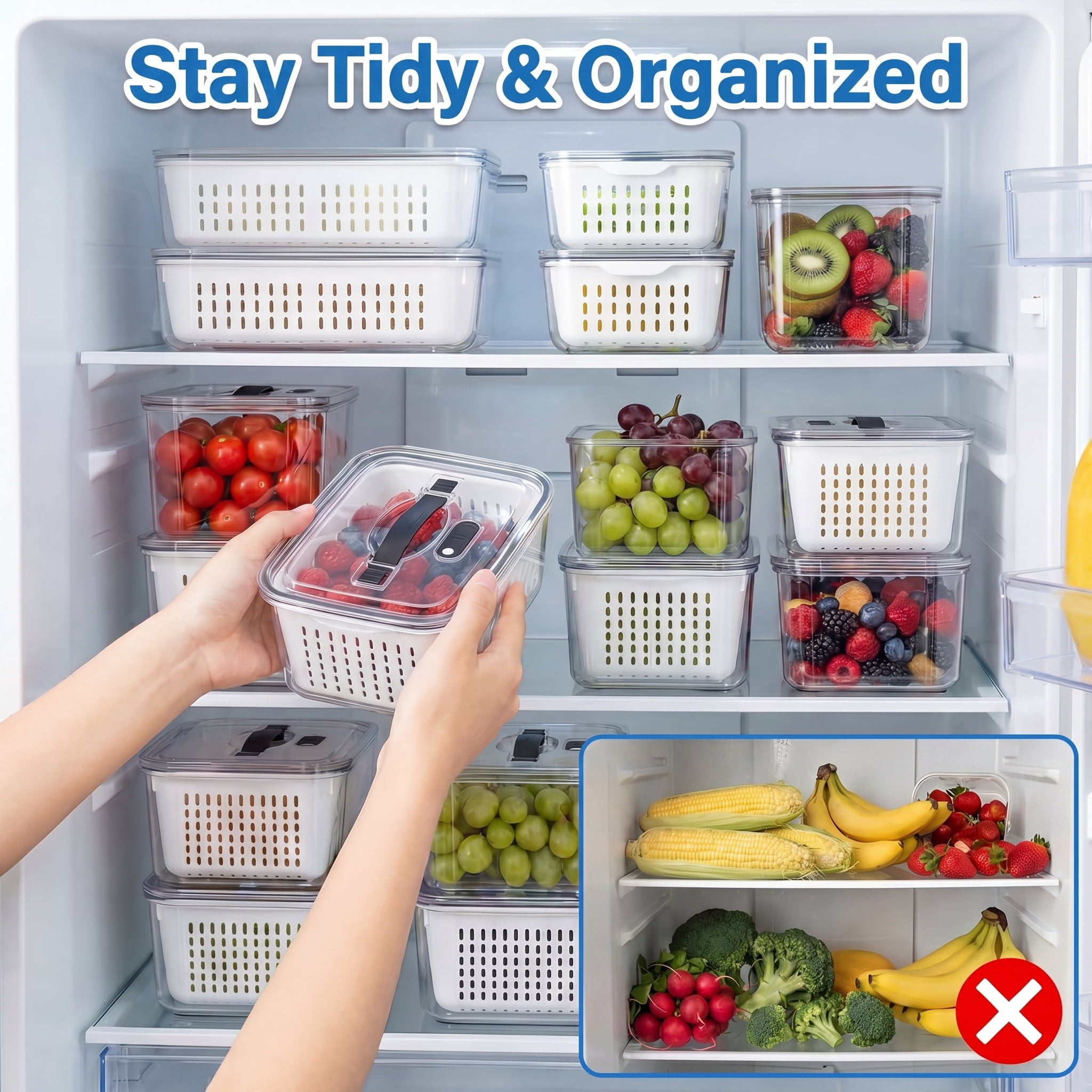 5-Pack Large Refrigerator Fruit Storage Containers with Handles, Leakproof Produce Saver with Removable Drain Colander